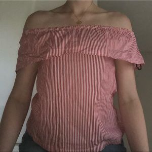 Red and White Pin Striped off the shoulder shirt